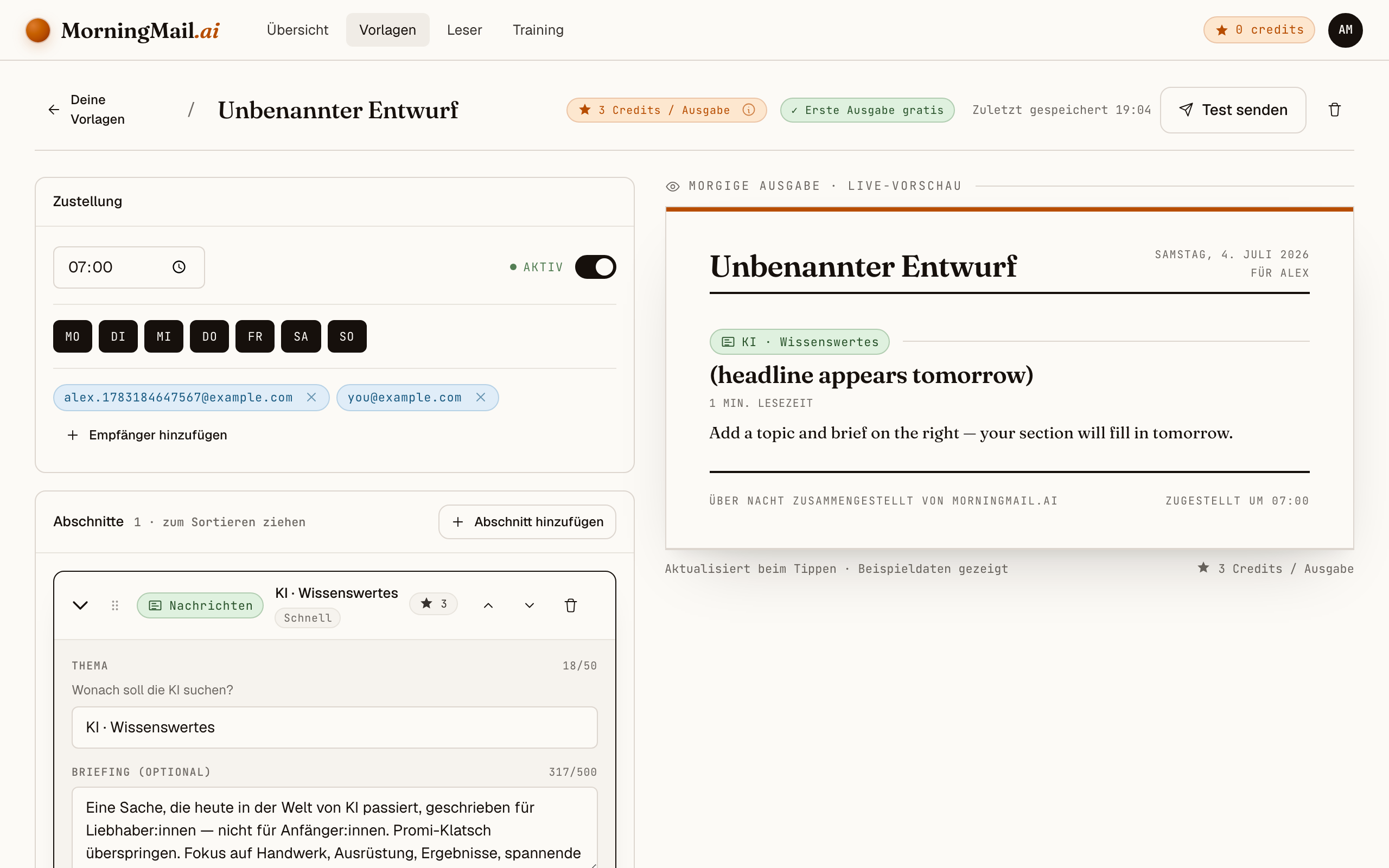 Zustellzeit festlegen und Test senden